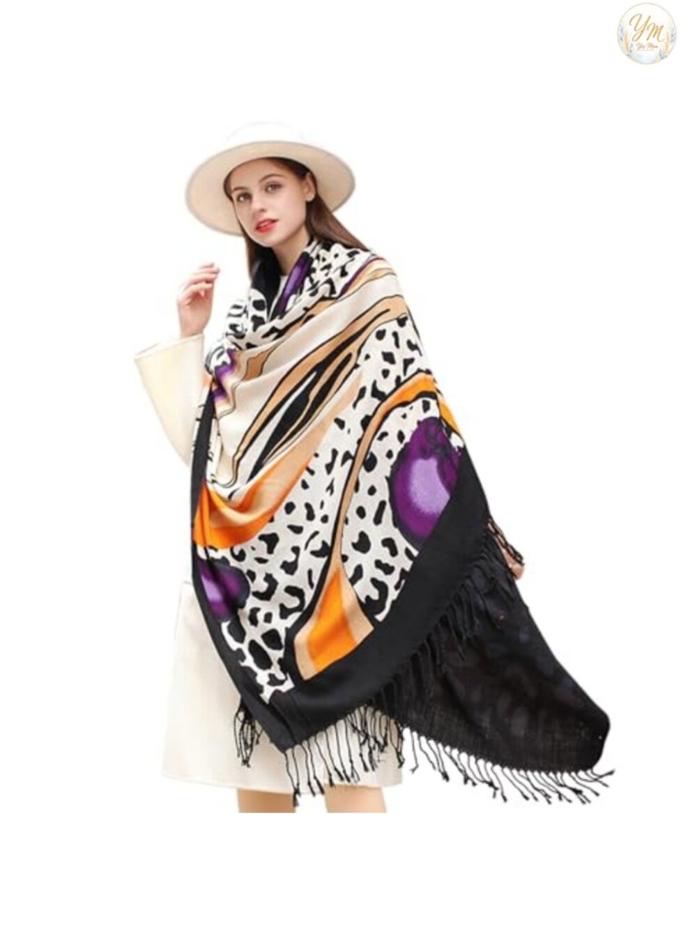 100% Merino Wool Pashmina Shawl Wrap Oversized Tassel Travel Blanket